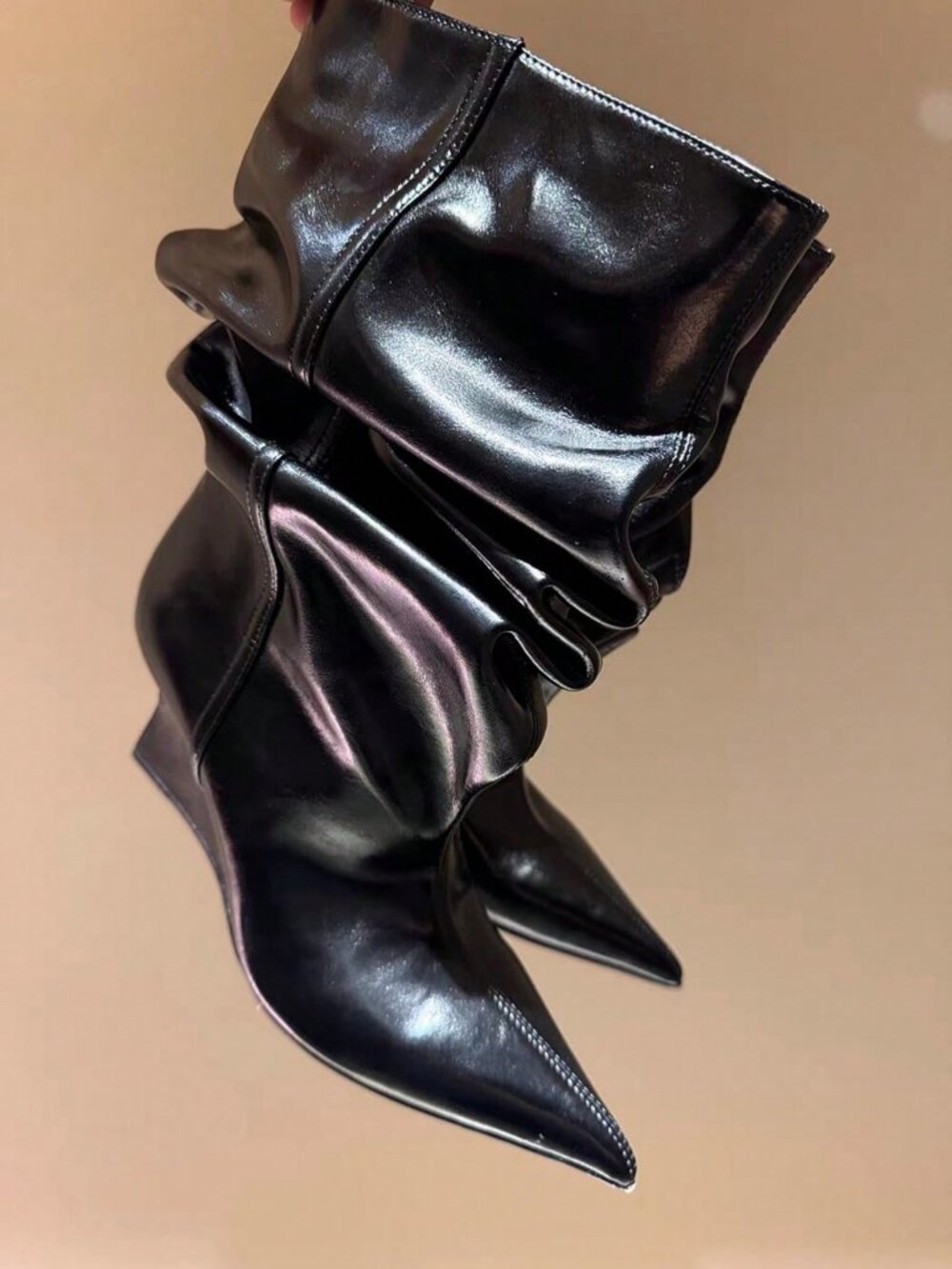 Black Lolita Style Women's Ruched Tall Stacked Pointed Toe Over-The-Knee Boots - Picture 7 of 8